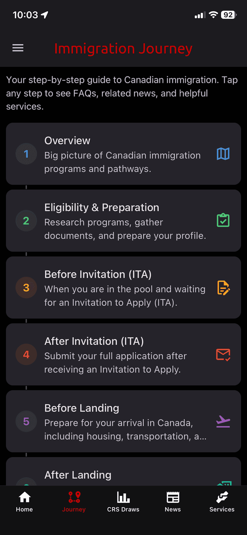 CanImmi App Preview - Journey Screen
